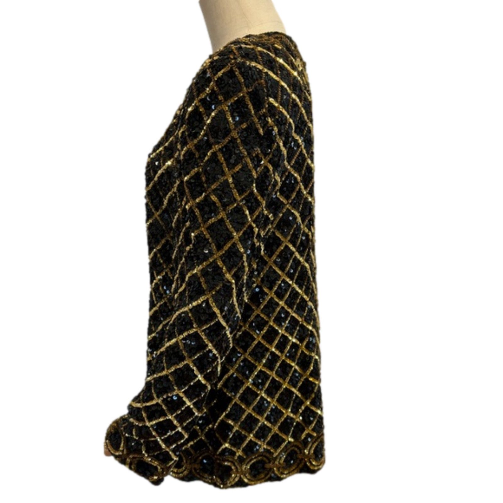 Designer VTG niteline silk SEQUIN beaded jacket gold black kazar Size L / US 10 / IT 46 - 3 Thumbnail