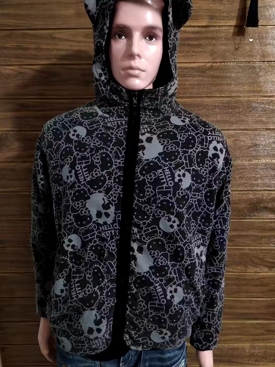 image of Cartoon Network Hello Kitty Horn Bunny Devil Fullprint Skull Zip Hoodie in Mix, Men's (Size Large)