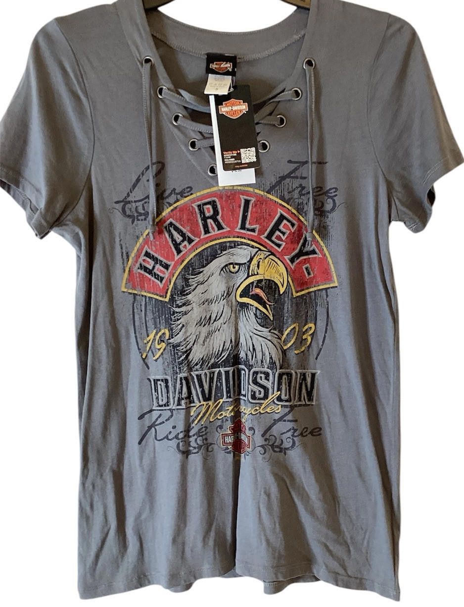 Designer Harley Davidson Short Sleeve Size S Gray Lace Up Neckline Size M / US 6-8 / IT 42-44 - 1 Thumbnail