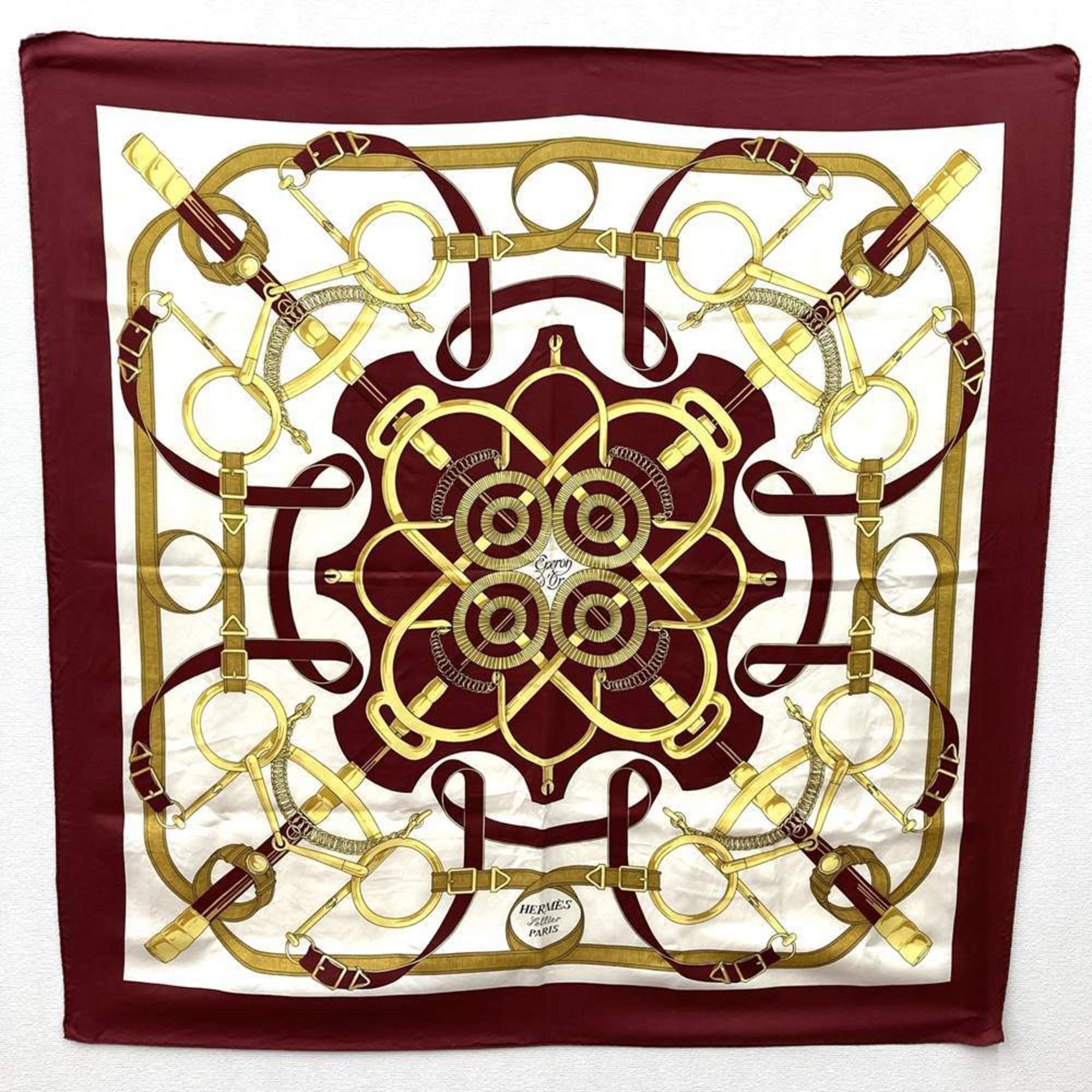 HERMES Carré 90 Eperon d'or Golden Spur Scarf/Muffler Silk Red Women's