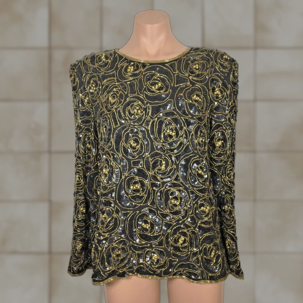 VINTAGE Scala XL SILK Sequined Beaded Evening DressyTop Blouse 90s Roses Black GOLD Womens Blouse Beaded Embellished Silk 100% Evening Occasion