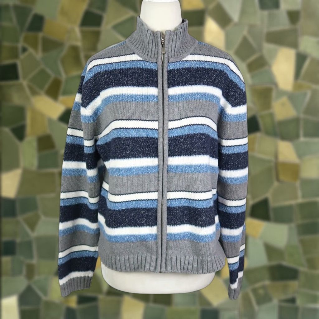 Liz Claiborne VINTAGE Liz Claiborne Cardigan Sweater Stripe Zip Grey Blue L Womens Long Sleeve Knit Fall Spring Winter Cashmere? Wait cannot add. Size L / US 10 / IT 46 - 1 Thumbnail