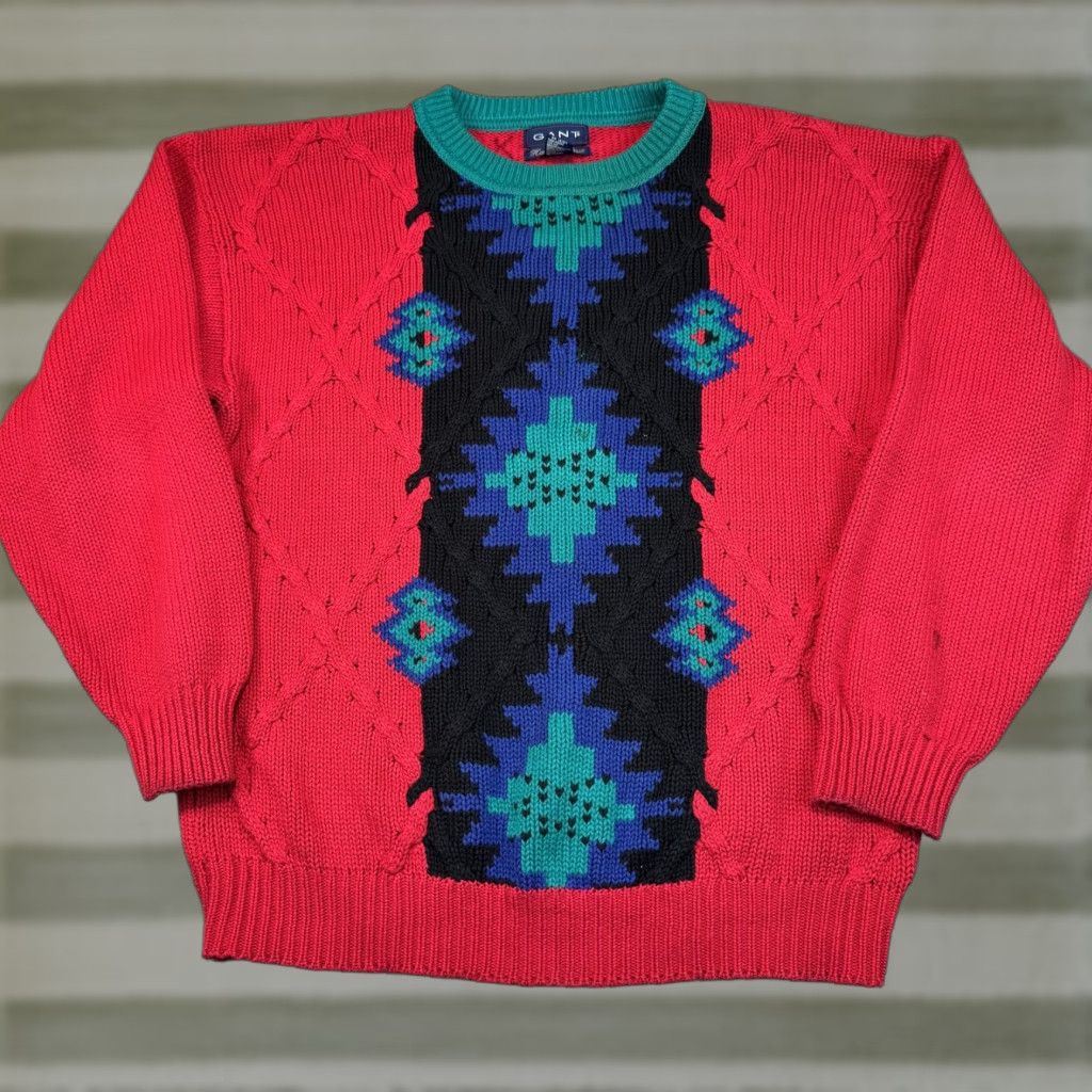 VINTAGE GANT Sweater Mens L Red Crew Neck Geometric Aztec Hand Intarsia 90s Cable-Knit Cotton Knit
