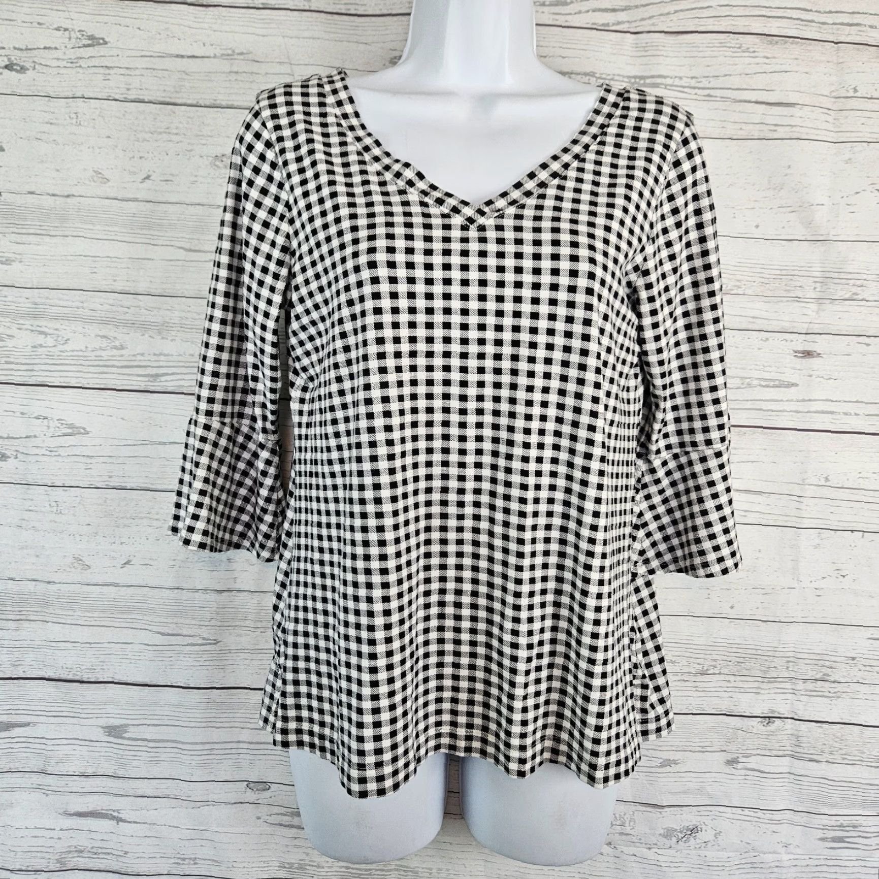 J. Jill J Jill Women’s Top XS Black White Gingham 3/4 Sleeve V-Neck Cotton Blend Blouse Mens? Size XS / US 0-2 / IT 36-38 - 2 Thumbnail