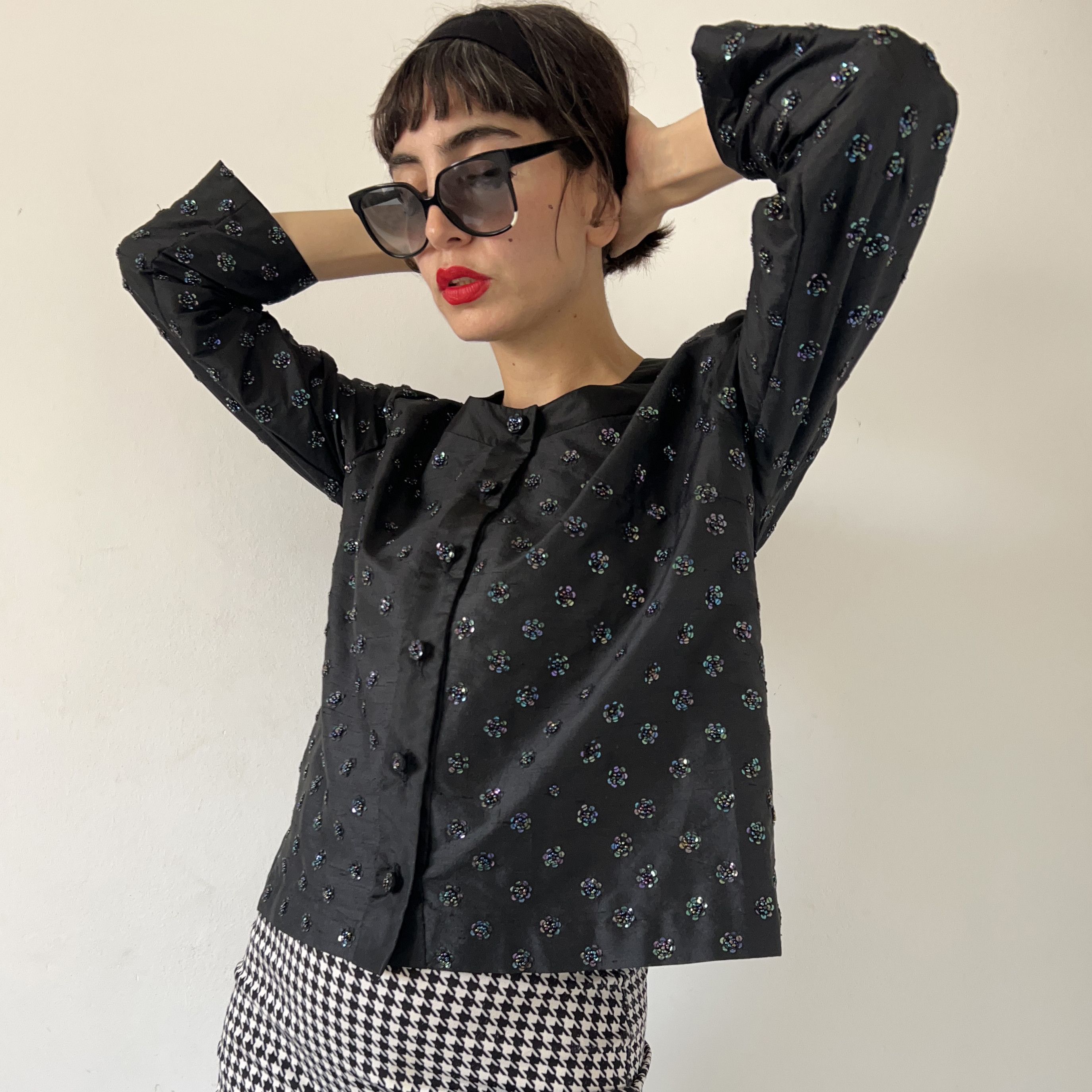 Vintage Vintage 80s party embellished floral silk black blazer Size L / US 10 / IT 46 - 4 Thumbnail