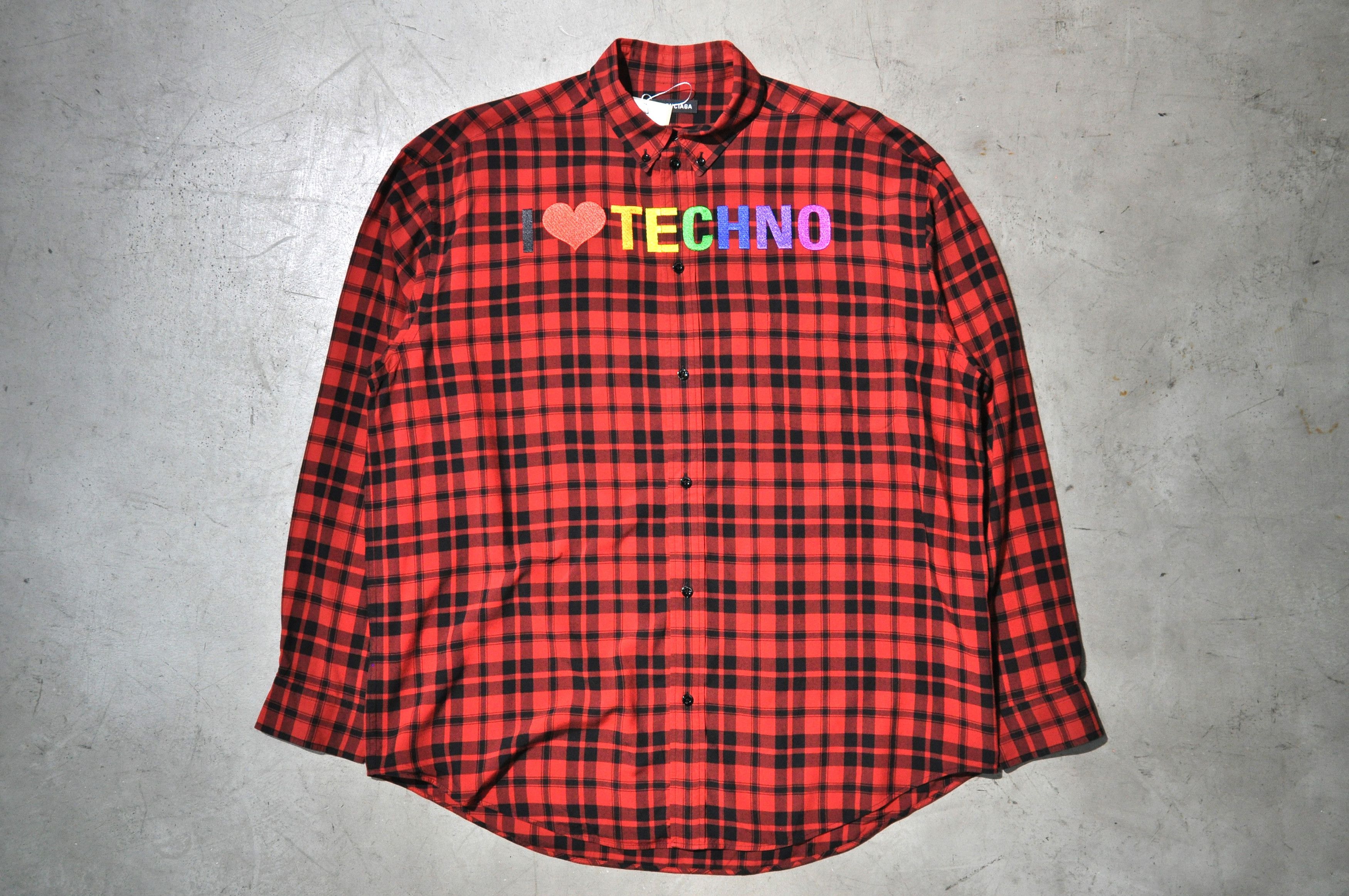 image of Balenciaga B - S/s 19 - "i Love Techno" Embroidery Plaid Shirt in Red, Men's (Size Small)