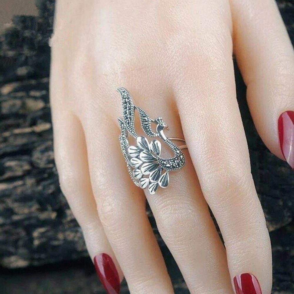 Designer Retro Peacock Animal Feather Antique Silver Ring - Size 6 Size ONE SIZE - 8 Thumbnail