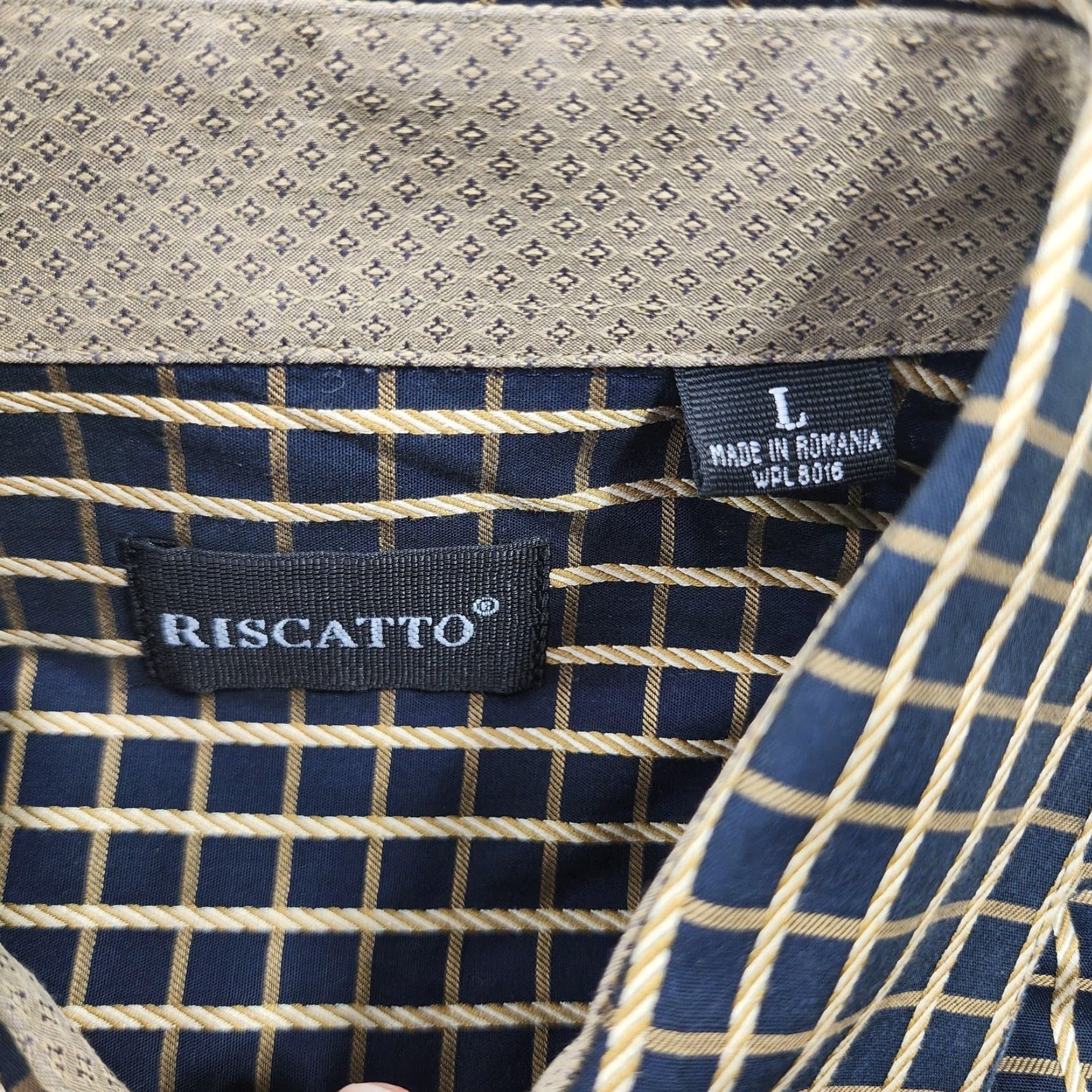 Vintage Riscatto Shirt Mens Large Navy Tan Check Dress Button Up Long Sleeve Cotton Size 42R - 4 Thumbnail