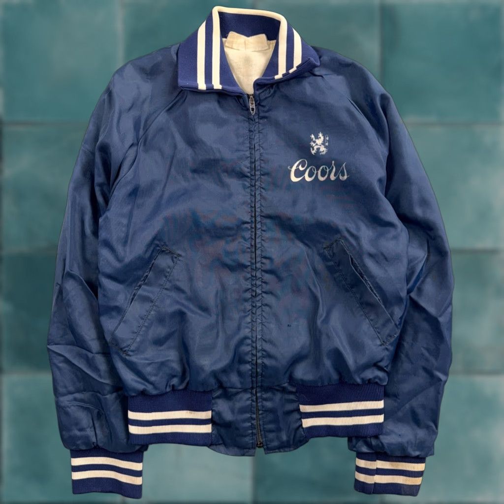 Vintage Vtg Coors Light Satin Poly Bomber Jacket Rockabilly Blue USA Talon 1960s 1970s Size US S / EU 44-46 / 1 - 1 Thumbnail