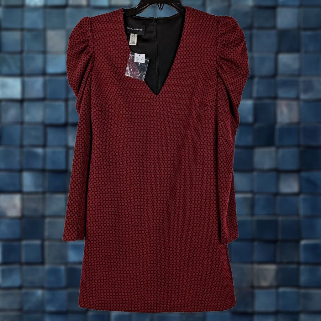 Donna Morgan Donna Morgan Women's Geometric Ruched-Sleeve Knit V-Neck Dress Size 6 Red Black A-Line Puff Sleeve Size M / US 6-8 / IT 42-44 - 1 Thumbnail