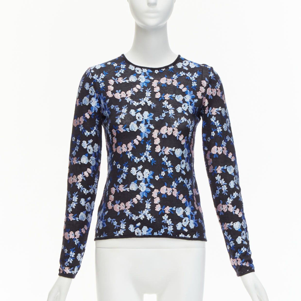 Giambattista Valli GIAMBATTISTA VALLI black cashmere silk blue pink flower embroidery top IT38 XS Size XS / US 0-2 / IT 36-38 - 1 Thumbnail
