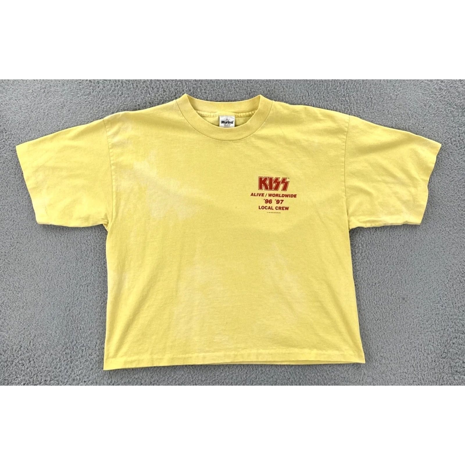 Vintage VINTAGE Murina Mens XL Yellow Stitch USA Made Shirt 1996 Kiss Alive Local Crew Tee Size US XL / EU 56 / 4 - 2 Thumbnail