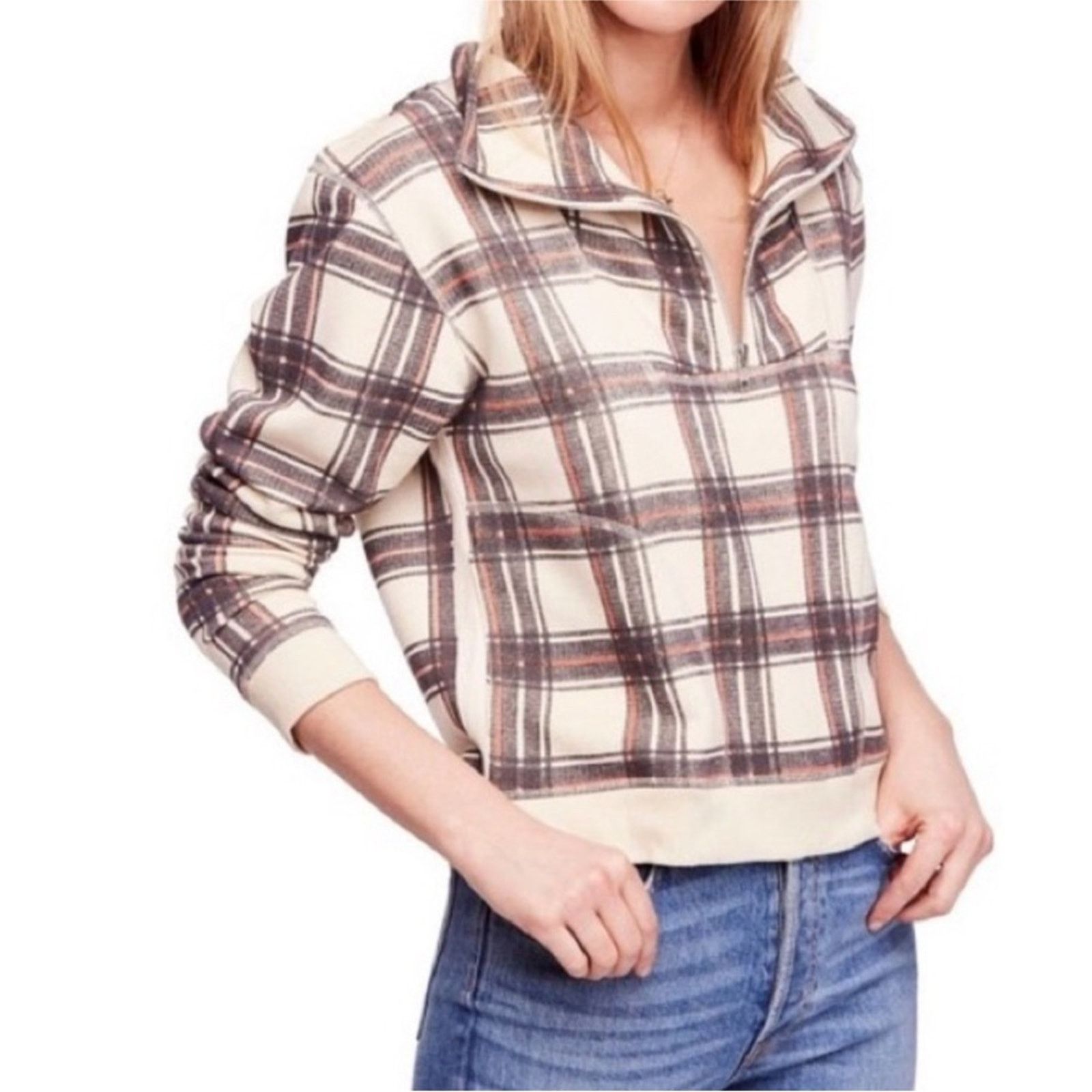 Free People NEW FREE PEOPLE White Red Black Plaid Pullover Zip Sweater Size S / US 4 / IT 40 - 11 Thumbnail