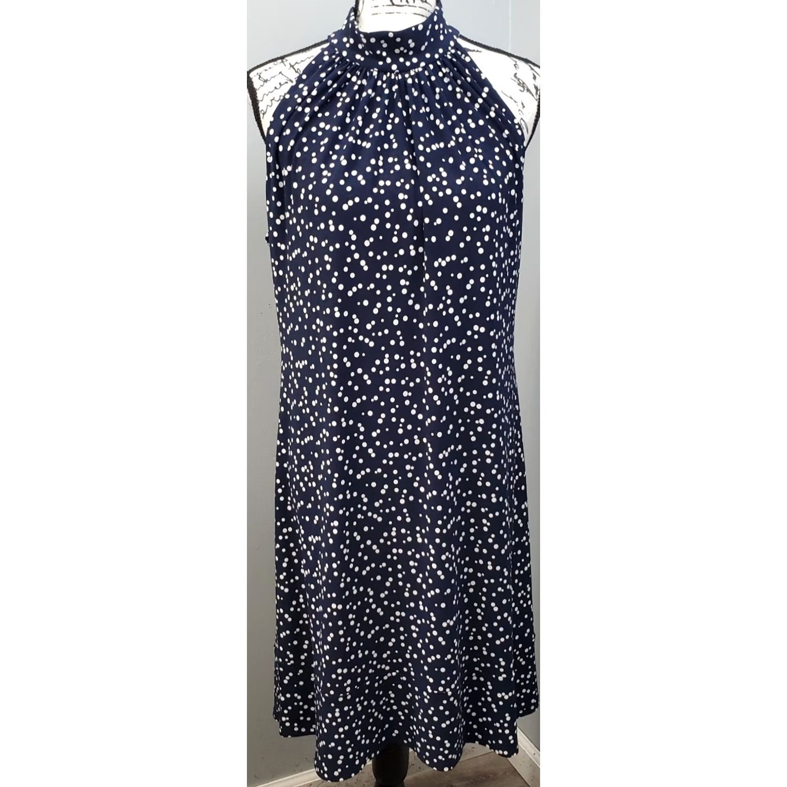 Vintage American Living Women 14 Navy White Polka Dot Halter Neck Back Zip Sheath Dress Size XL / US 12-14 / IT 48-50 - 2 Thumbnail