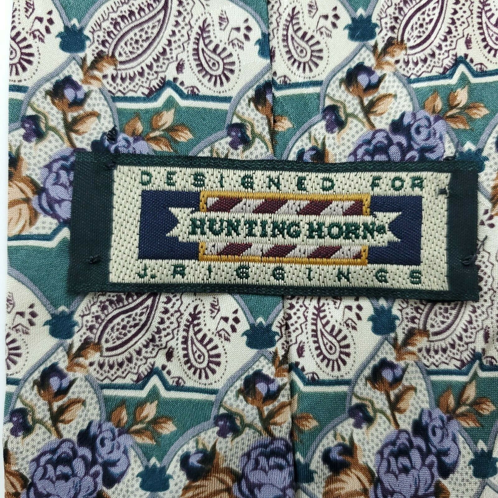 Vintage Hunting Horn Green Paisley Silk Geometric Tie Short Size ONE SIZE - 3 Thumbnail