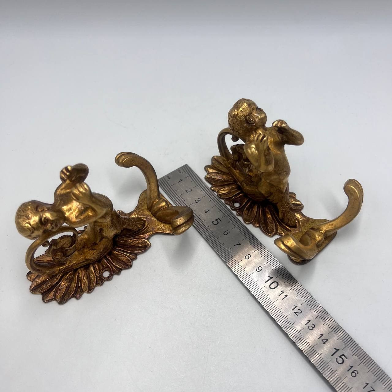 Vintage Pair Massive Bronze Coat Hooks Putti Cherub Baroque Style Size ONE SIZE - 6 Thumbnail