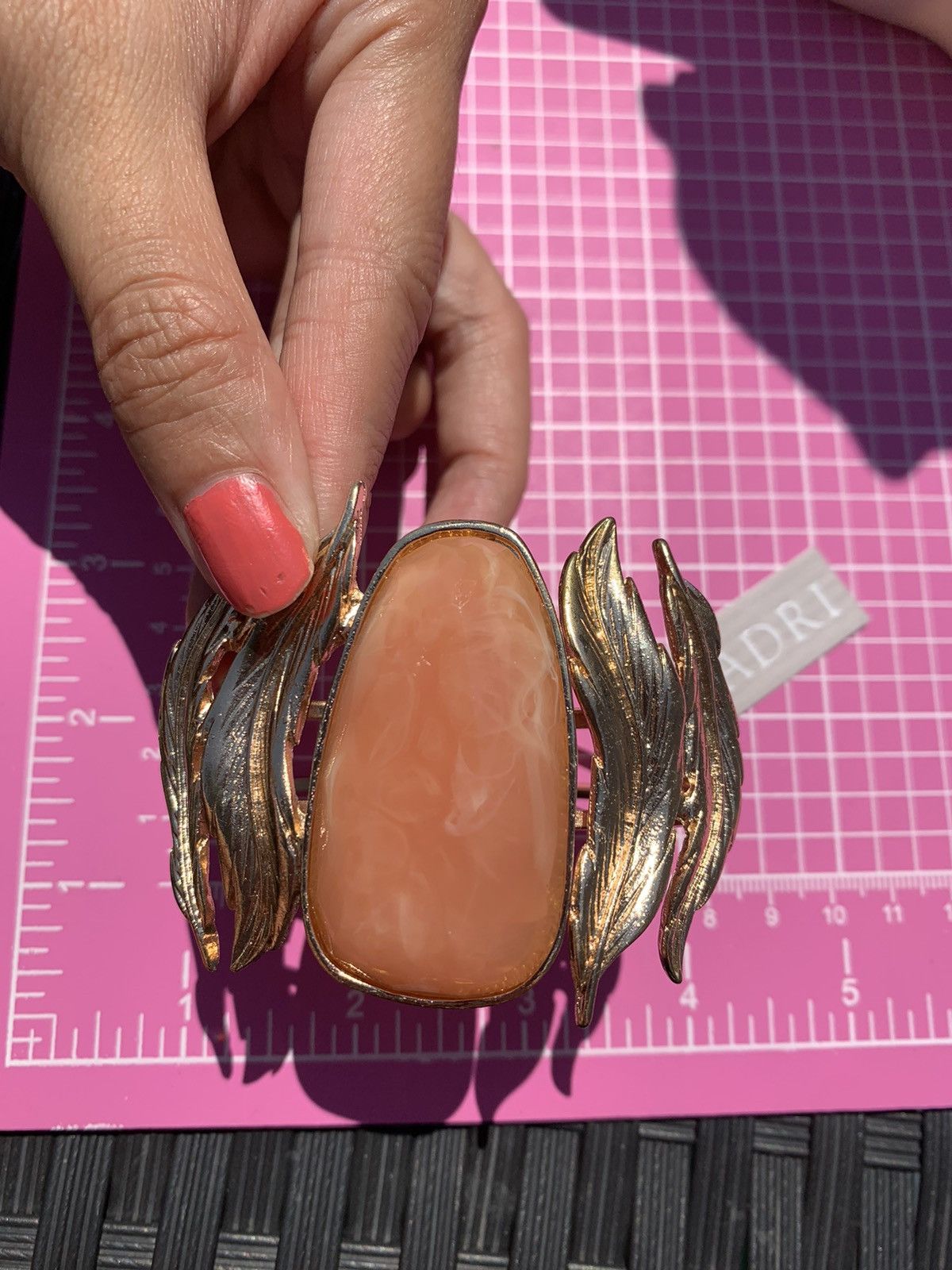 Designer Nadri Gold Leaves Orange Resin Pendant Hinged Wide Cuff Size ONE SIZE - 6 Thumbnail