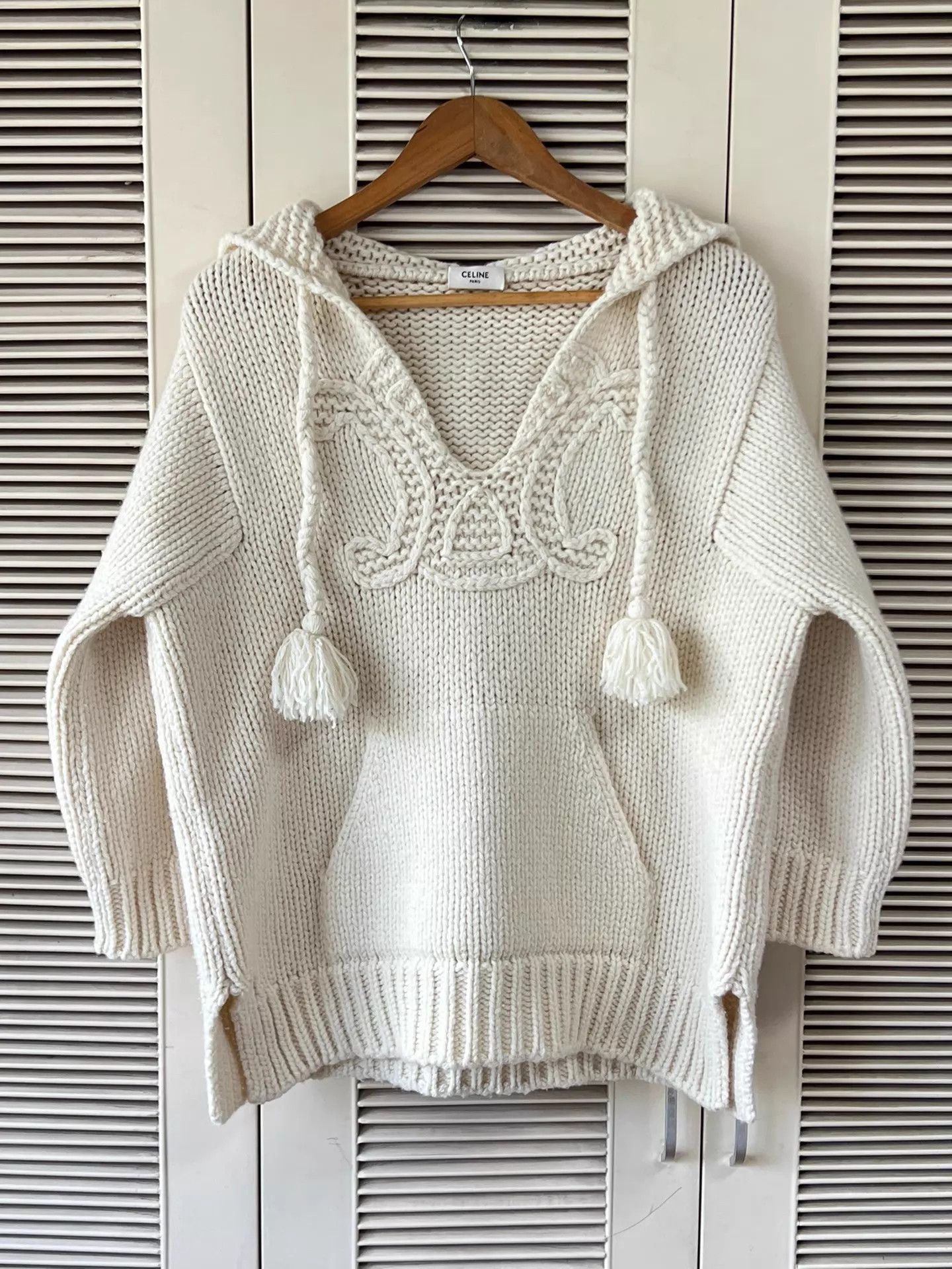 Celine Celine Triomphe Oversize Hoodie S Cream Tassel Drawstring Size S / US 4 / IT 40 - 1 Thumbnail