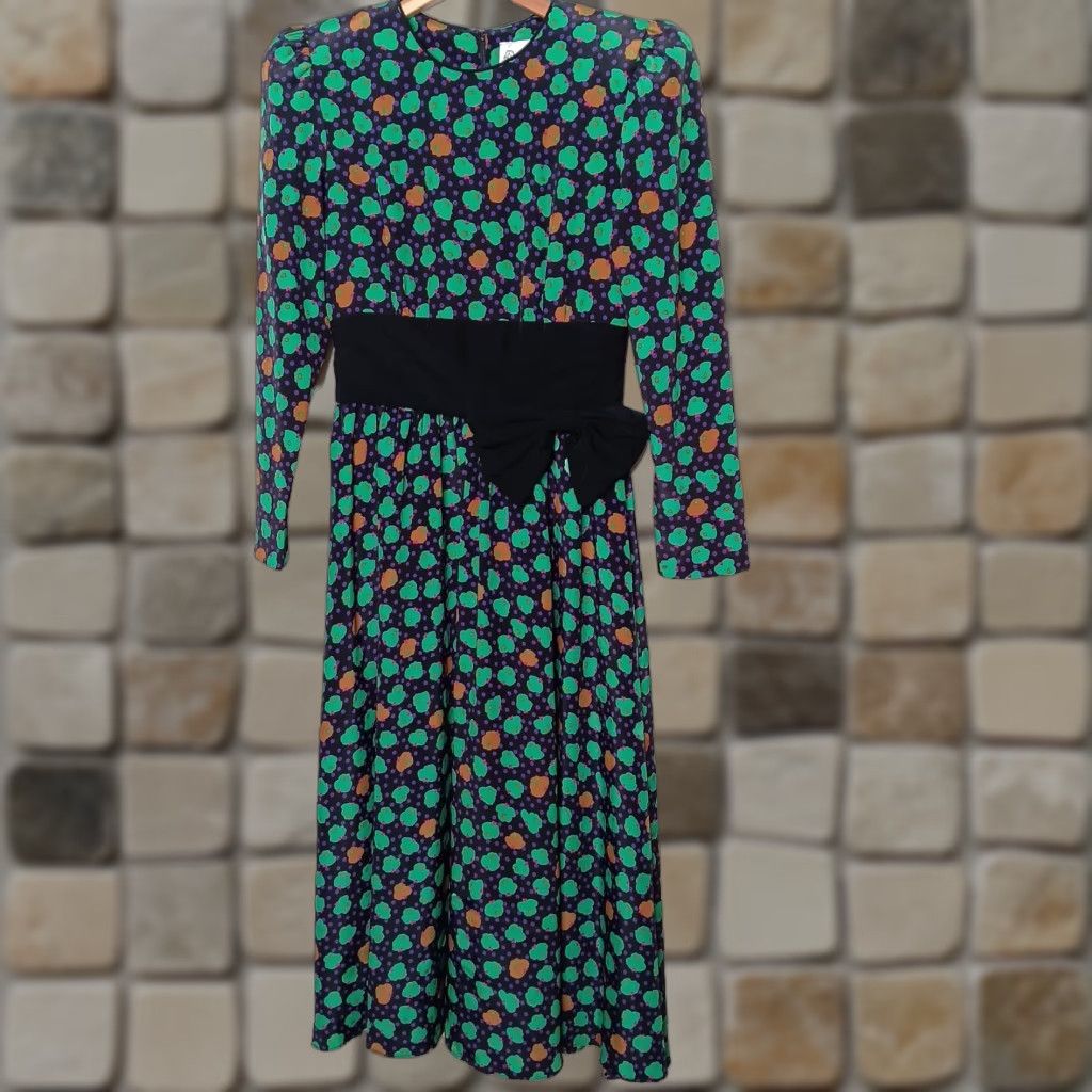 Vintage VINTAGE ACT I Dress Midi Floral Polka Dot Bow 80s A-Line Long Sleeve Black Green Purple Brown 7/8 Women's Boys Girls? Size M / US 6-8 / IT 42-44 - 1 Thumbnail