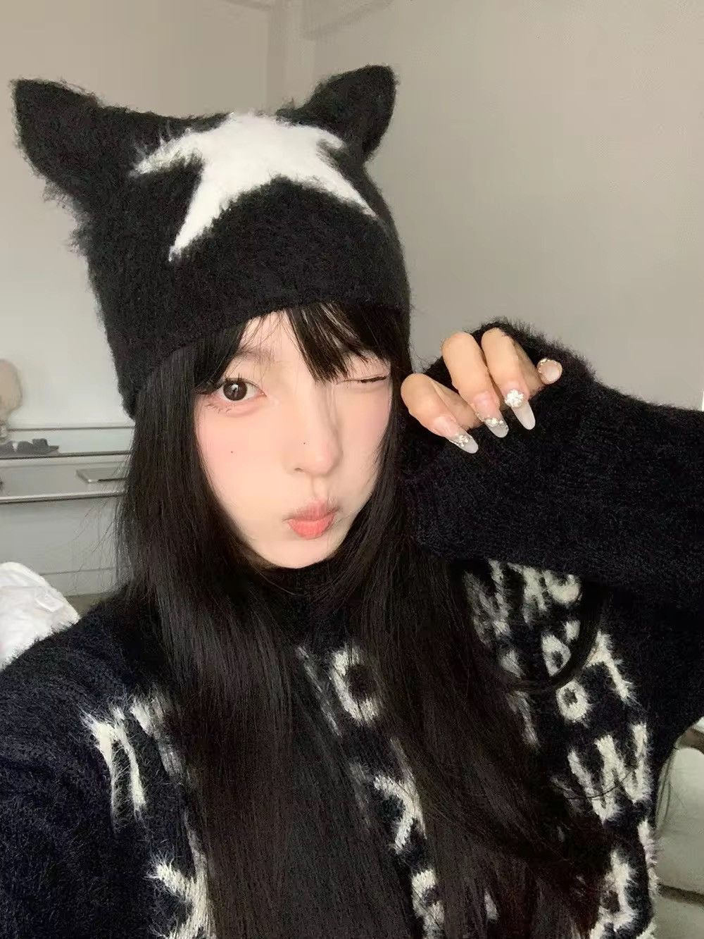 Japanese Brand Kawaii Knitted Star Pattern Cat Ear Beanies Hat Size ONE SIZE - 5 Thumbnail