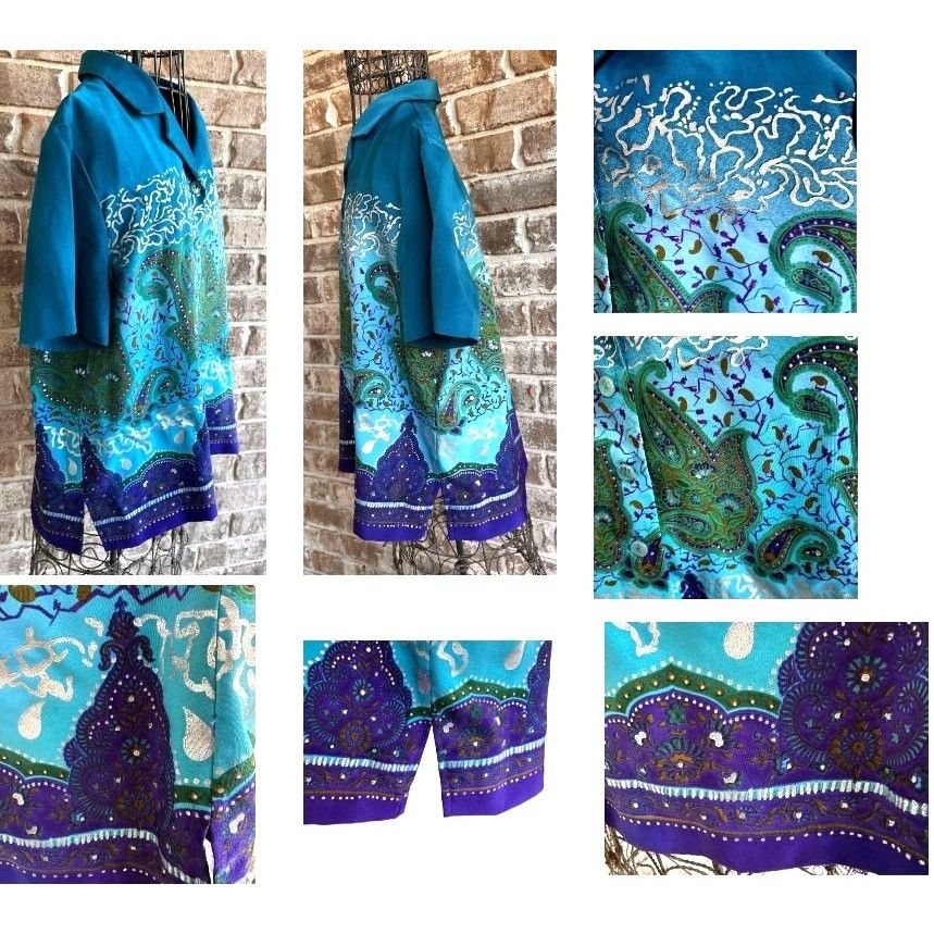 Designer × Vintage VTG Russell Scott Signature Blouse 12 Teal Metallic Silve Size XL / US 12-14 / IT 48-50 - 7 Thumbnail