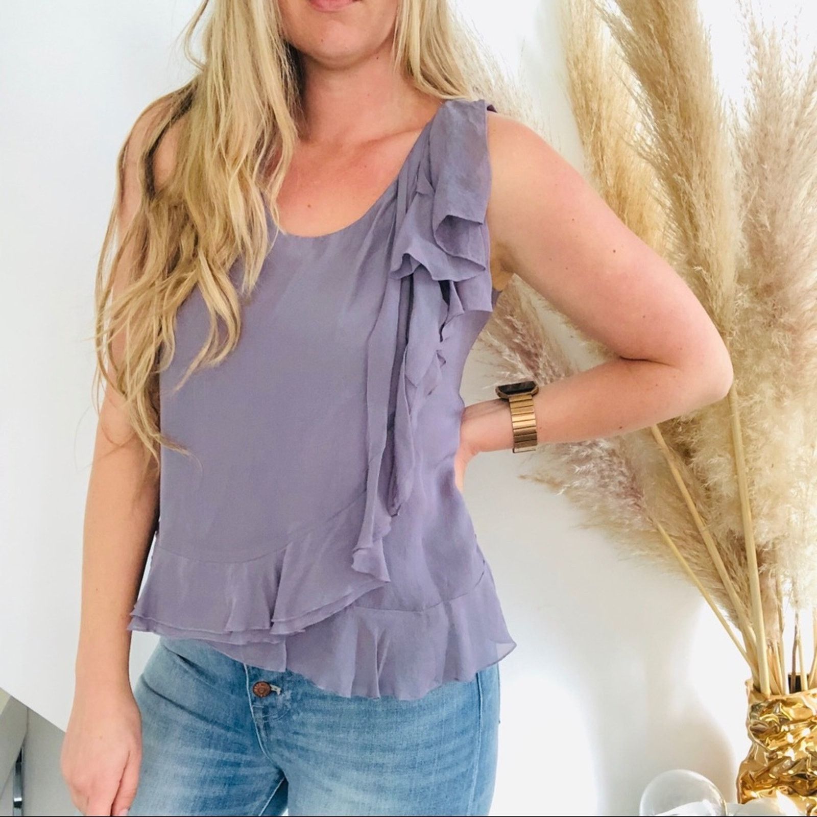 J.Crew J CREW Purple Ruffle Sheer Keyhole Button Silk Tank Blouse Size XS / US 0-2 / IT 36-38 - 3 Thumbnail