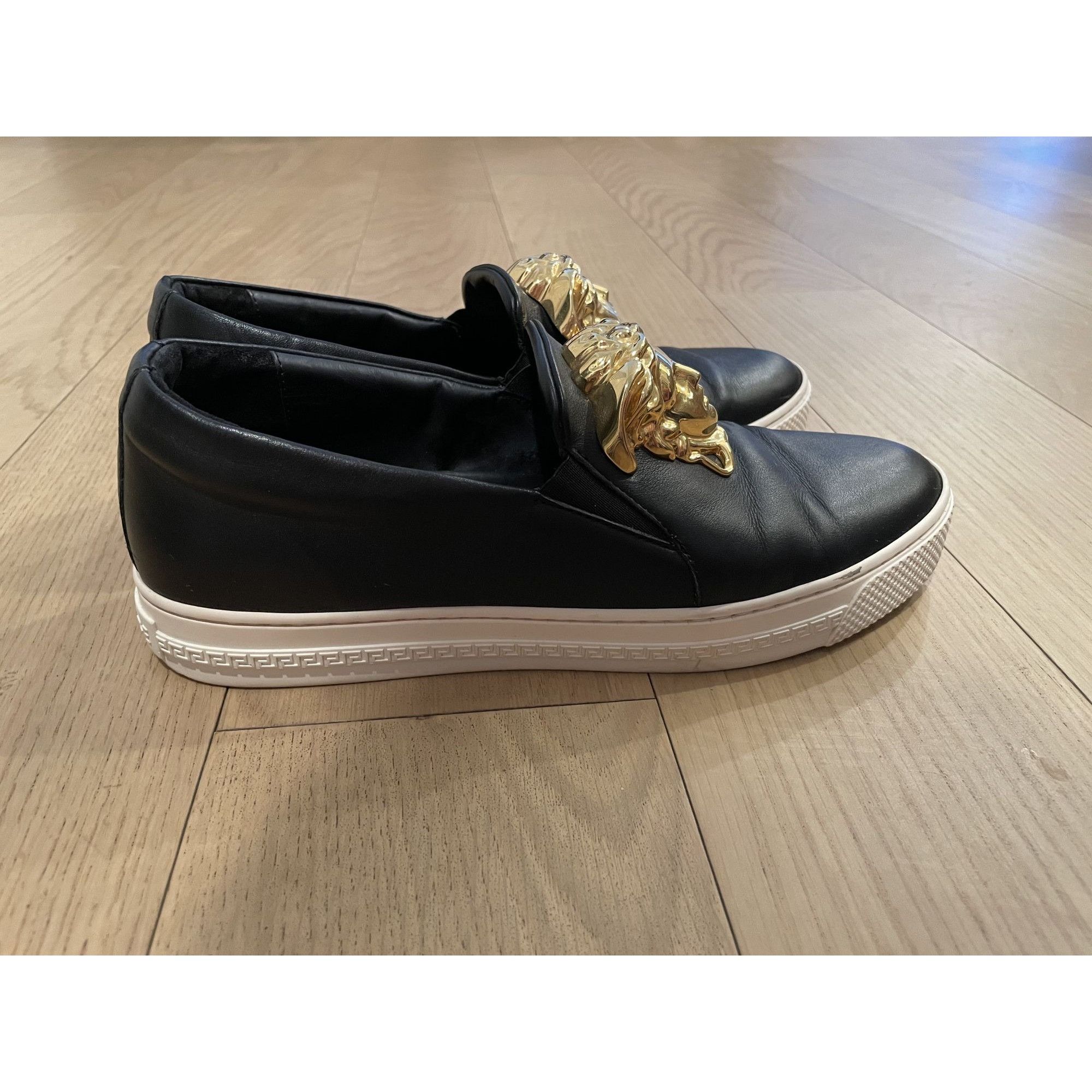 Versace Versace Black Leather Slip-On Sneakers With Gold Medusa Deta Size US 6.5 / EU 39-40 - 3 Thumbnail