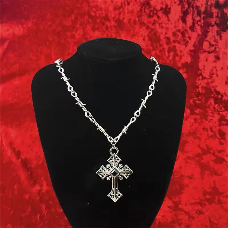Jewelry Barbed Wire Thorn Rhinestone Cross Pendant Necklaces Size ONE SIZE - 1 Preview