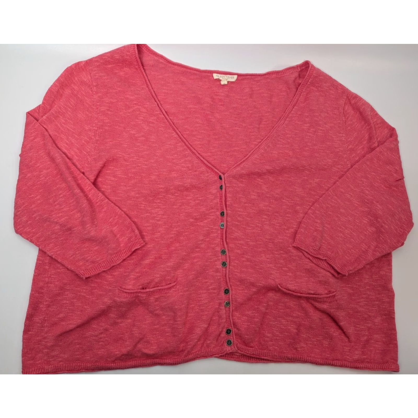 Eileen Fisher Eileen Fisher Cardigan V-Neck Jacket Womens 1X Pink Linen Cotton Cozy Classic Knit Pockets Dolman Sleeve Button Contemporary Casual Size XL / US 12-14 / IT 48-50 - 2 Thumbnail