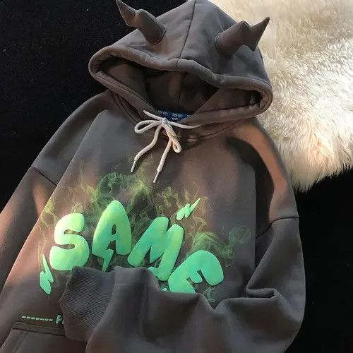VIBE Vintage puff print oversized grey horns hoodie y2k devil Size US L / EU 52-54 / 3 - 7 Thumbnail