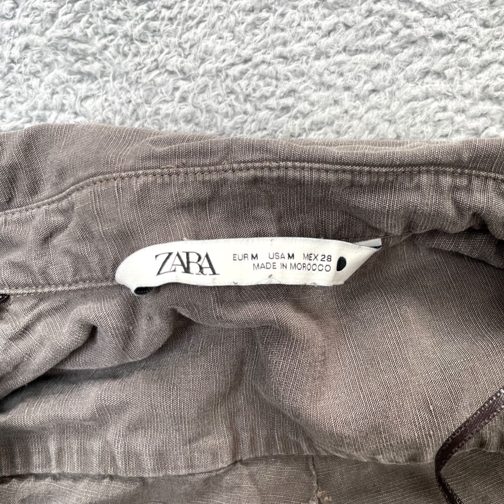 Zara Zara Blouse Womens Medium Brown Linen Lyocell Pleated Button 3/4 Sleeve Collared Slit Casual Top Shirt Size M / US 6-8 / IT 42-44 - 3 Thumbnail