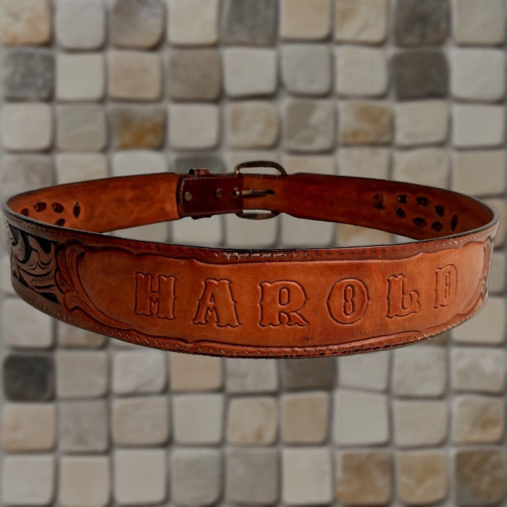 Vintage VINTAGE Larry Mahon Leegin Leather Belt for Harold - Western Floral 1 5/8" Brass Buckle, Personalized Men’s Size 36 Size 36 - 1 Thumbnail