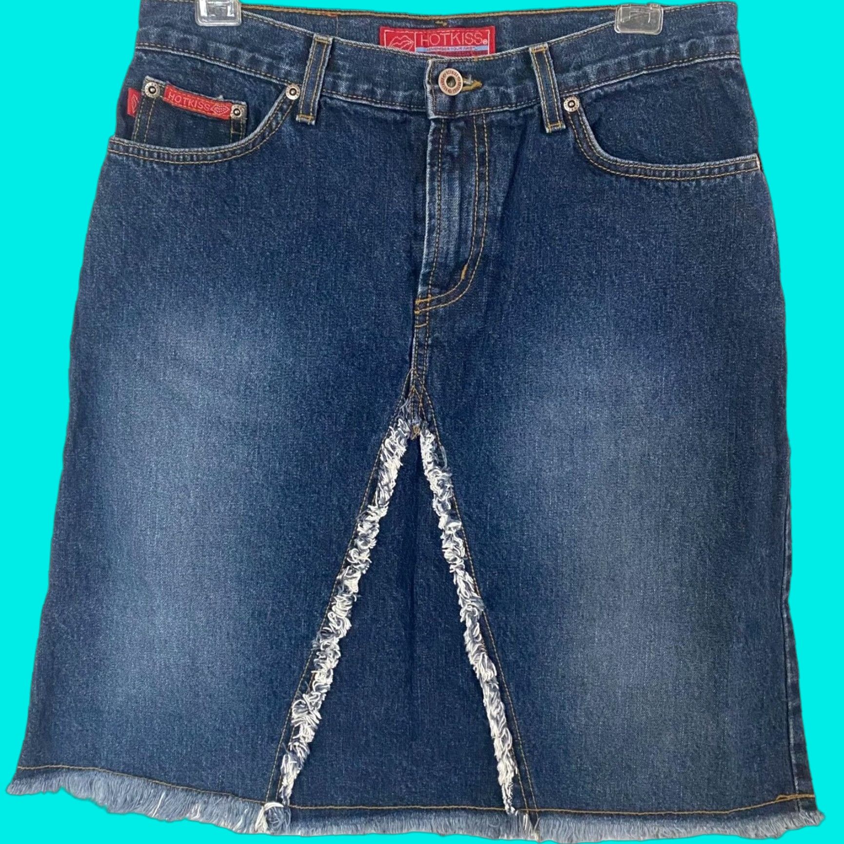 Vintage VINTAGE Hot Kiss Denim Skirt Jeans Skirt High-Waisted A-Line Fringe Blue 31 Women's Short 21" 100% Cotton Mens? Womens Size 24" / US 00 / IT 34 - 1 Thumbnail