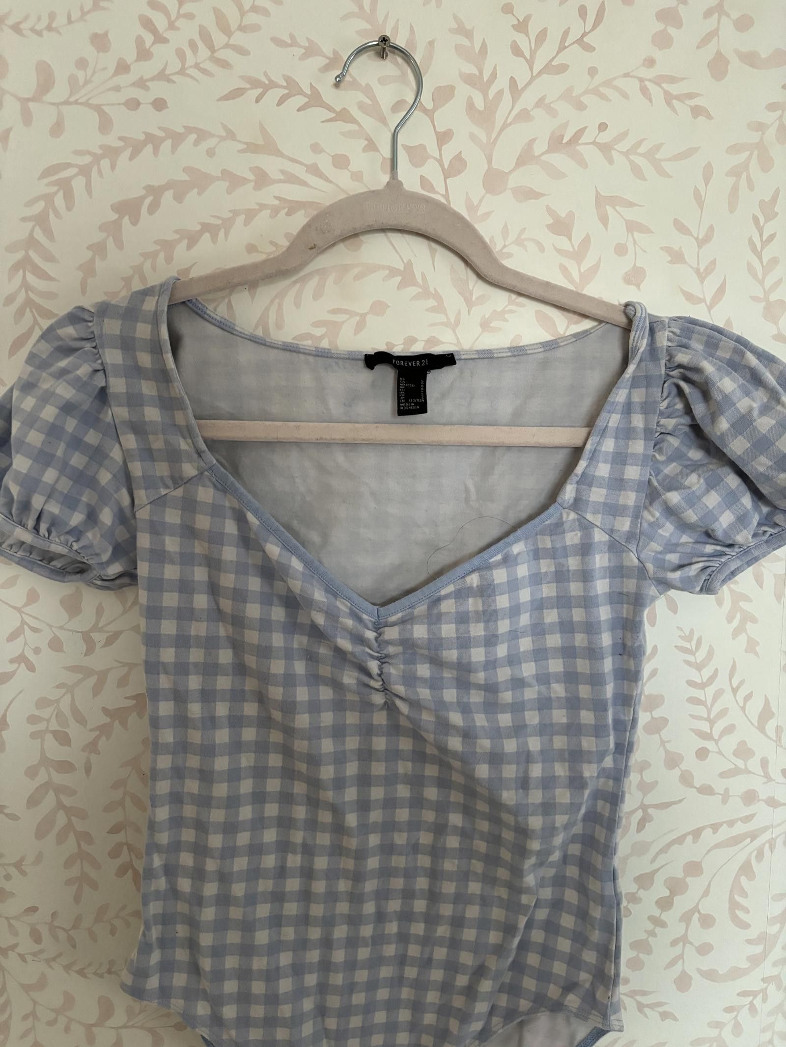 Forever 21 NWOT Dorothy Inspired Blue Gingham Bodysuit w Puff Sleeves Size L / US 10 / IT 46 - 3 Thumbnail