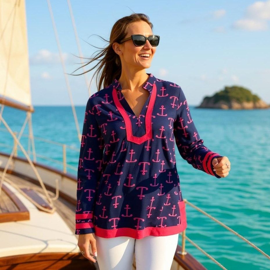 Other Escapada Holly Border Tunic Top Pink Navy Blue Womens Medium Size M / US 6-8 / IT 42-44 - 1 Thumbnail