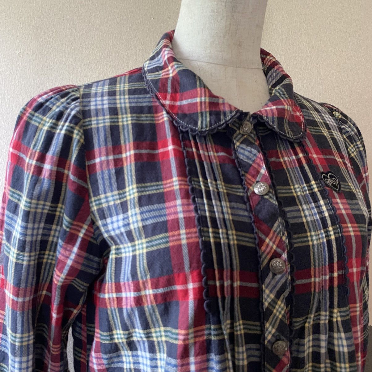 Japanese Brand Mezzo Piano Red Navy Check Long Sleeve Blouse Size S / US 4 / IT 40 - 6 Thumbnail