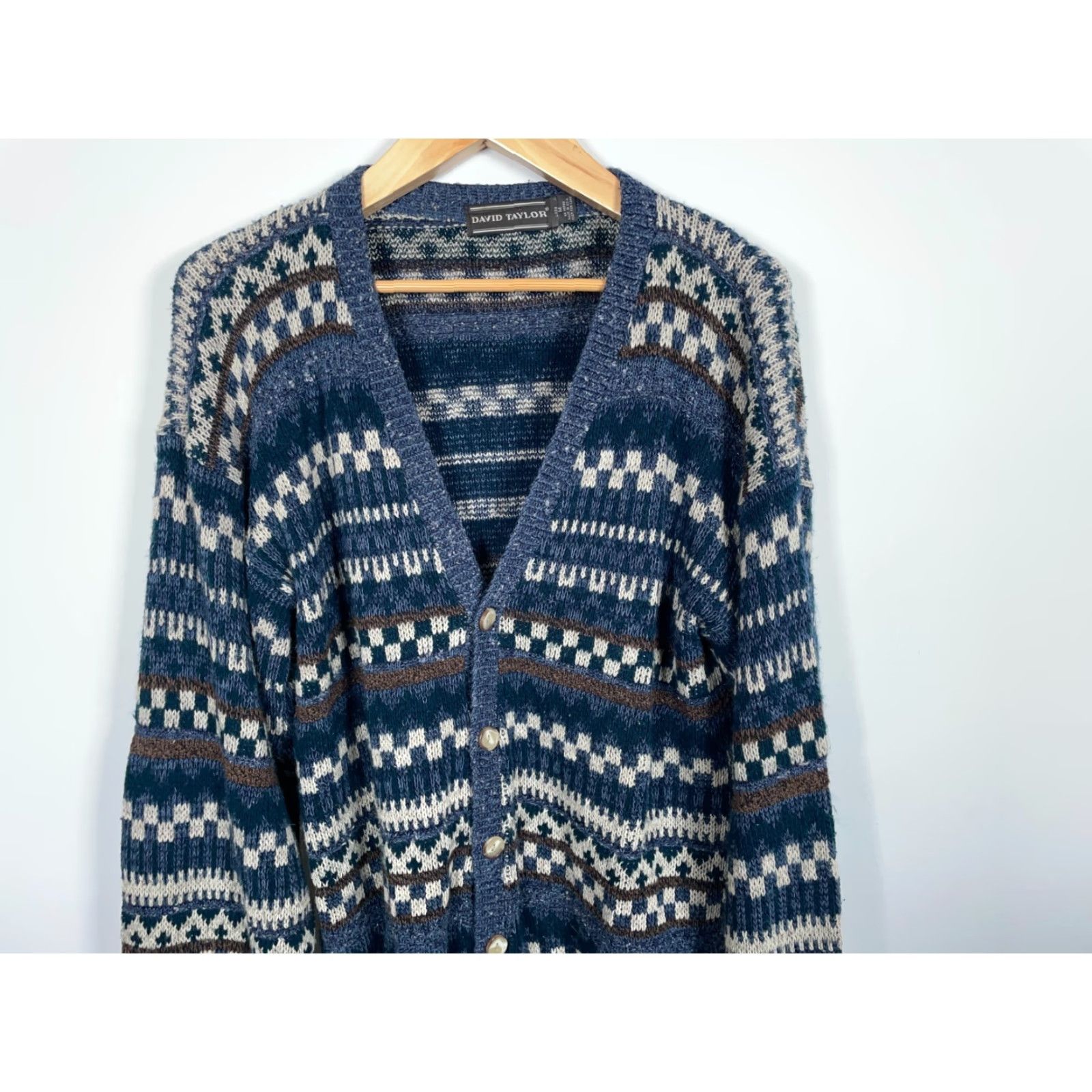 Vintage VINTAGE David Taylor Cardigan Sweater Men’s Medium Blue Geometric Knit 90s Vintage Casual Mens Size US M / EU 48-50 / 2 - 4 Thumbnail