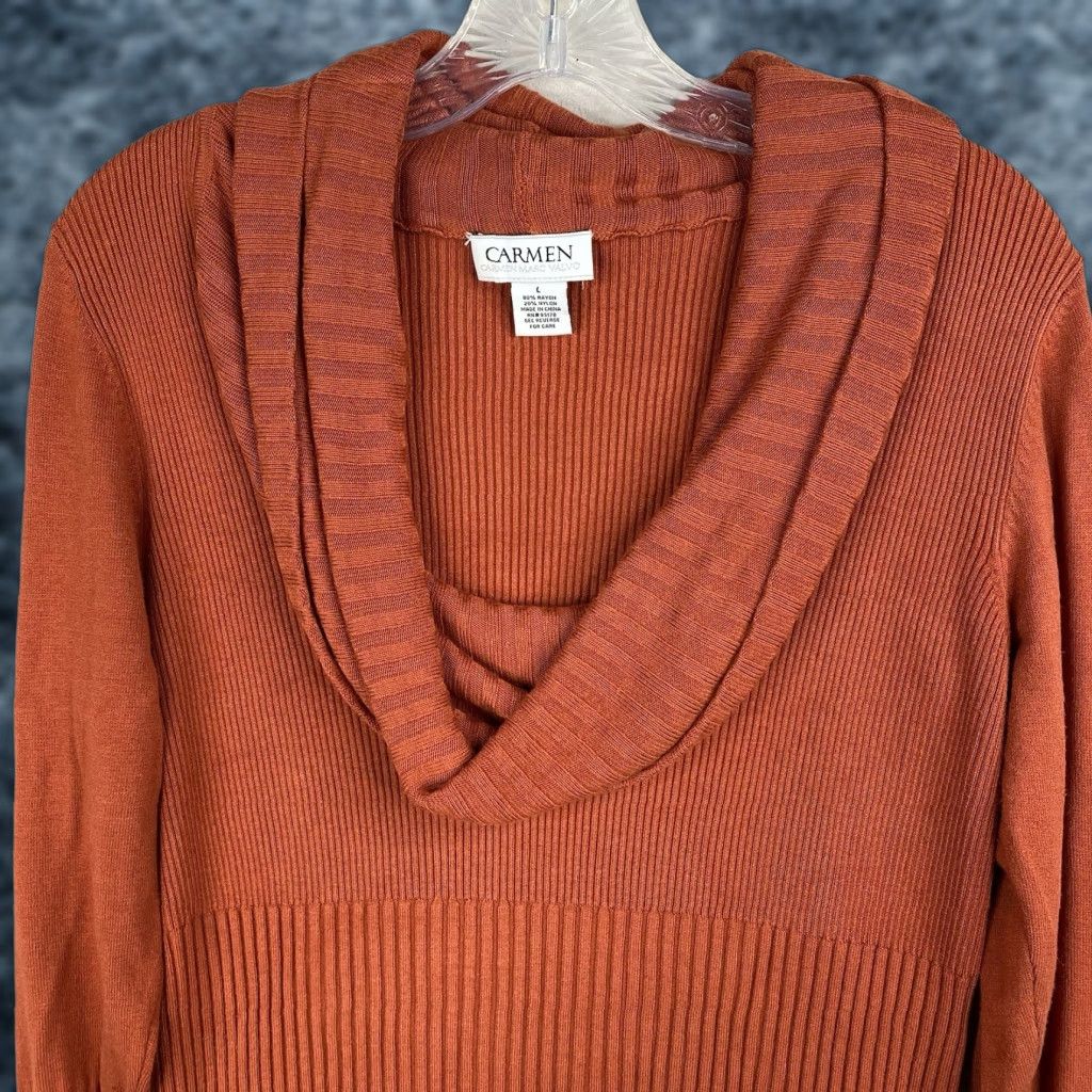 Vintage Carmen Marc Valvo Sweater Womens L Red Cowl Neck Stretch Knitted Ribbed Knit Bell Sleeve Size L / US 10 / IT 46 - 1 Thumbnail