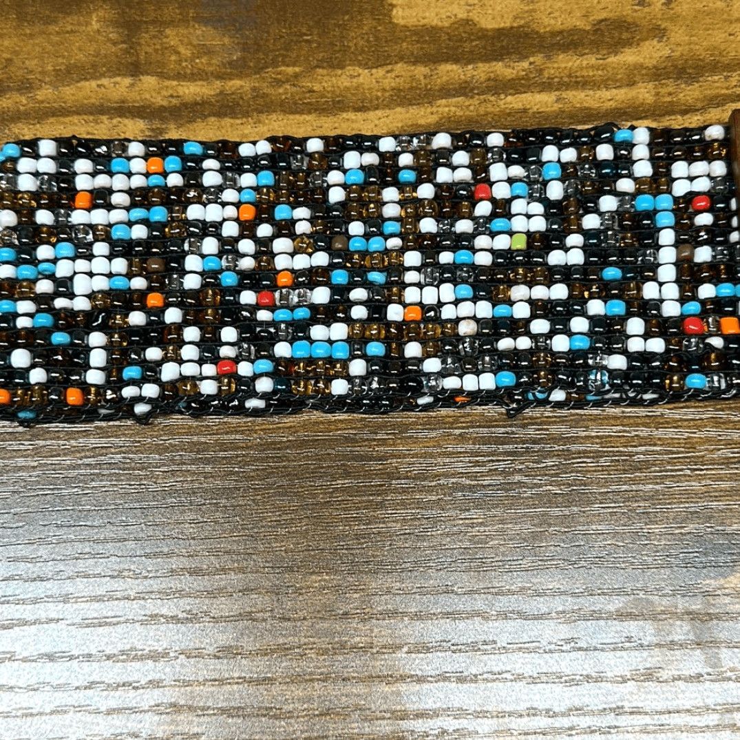 Vintage VINTAGE Women's Beaded Belt One Size Wide Wooden Hook Buckle Retro Boho Stretch Fit Brown W 2.25” Size ONE SIZE - 3 Thumbnail