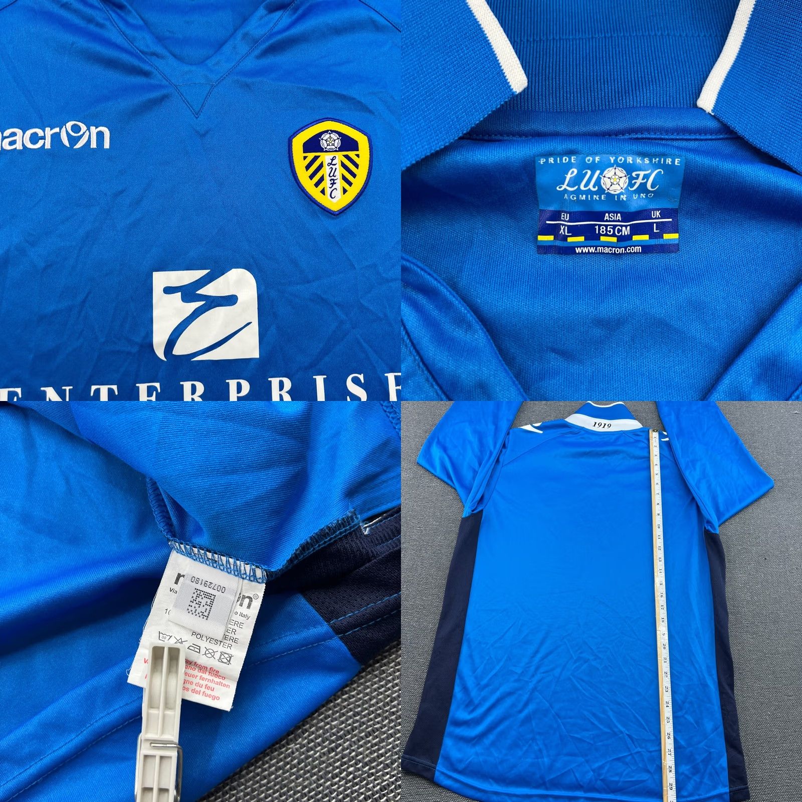 Macron Leeds United Macron Away Mens Football Jersey XL Long Sleeve Blue 100% Polyester Moistu re Wicking Quick Dry Jersey Vintage Size US XL / EU 56 / 4 - 8 Thumbnail