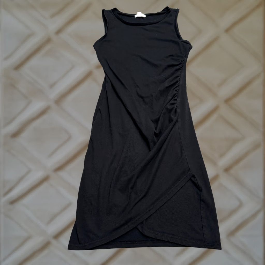 Vintage Leith Bodycon Midi Dress Womens Small Black Sleeveless Stretch Ruched Tulip Hem Casual Workwear Size S / US 4 / IT 40 - 1 Thumbnail