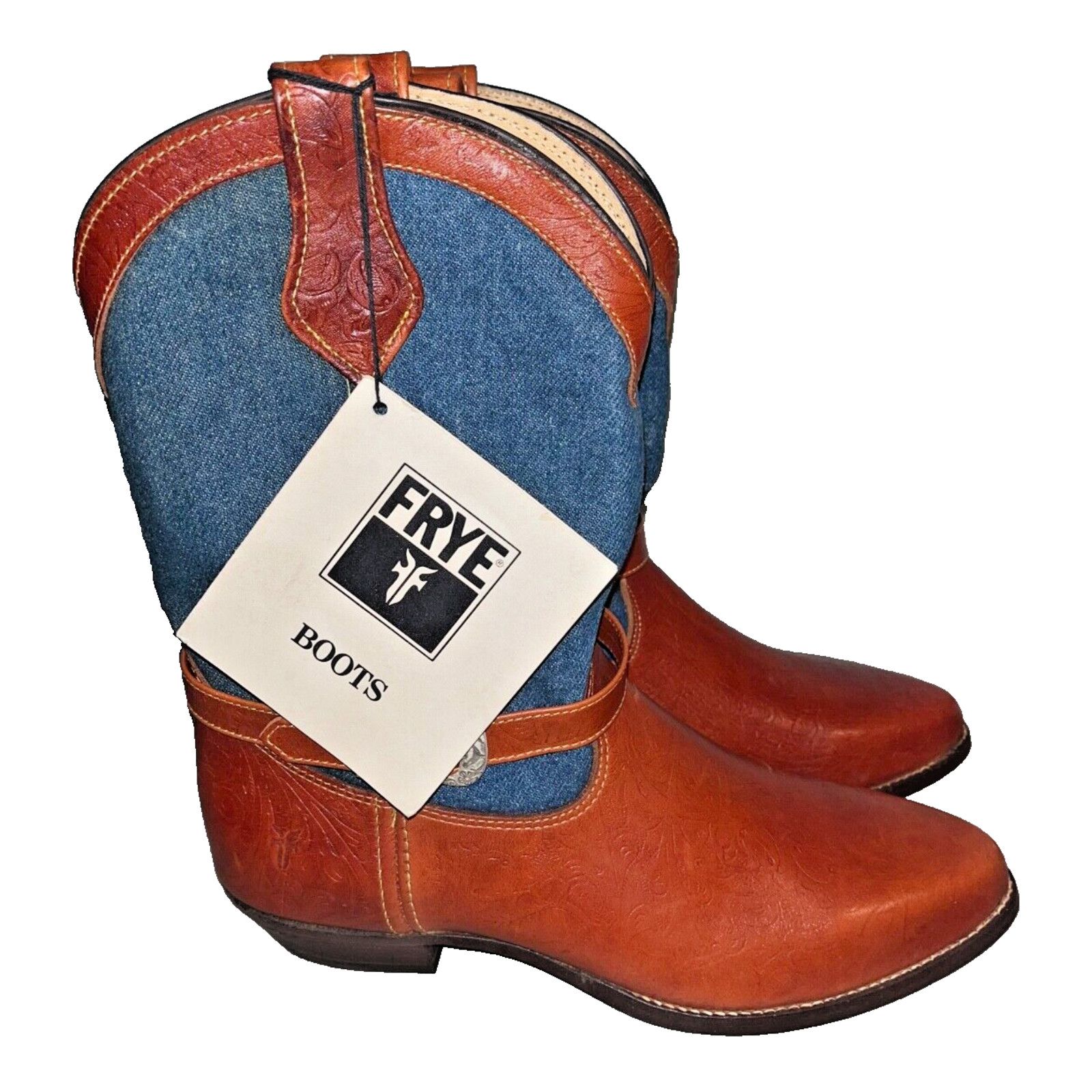 Frye Frye Cowboy Boots Denim Leather Silver Buckles Vintage Sz 8 Size US 6 / IT 36 - 4 Thumbnail