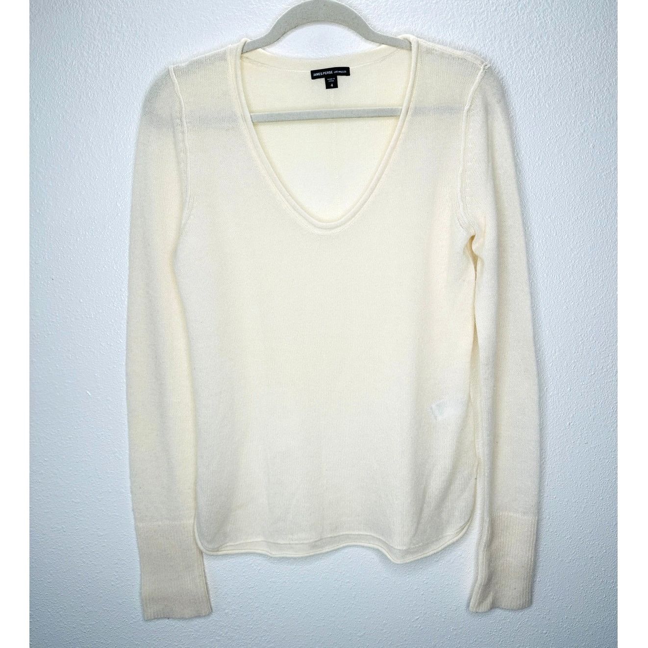 James Perse James Perse Cream Long Sleeve V Neck Cashmere Sweater 4 / XL Size XL / US 12-14 / IT 48-50 - 2 Thumbnail