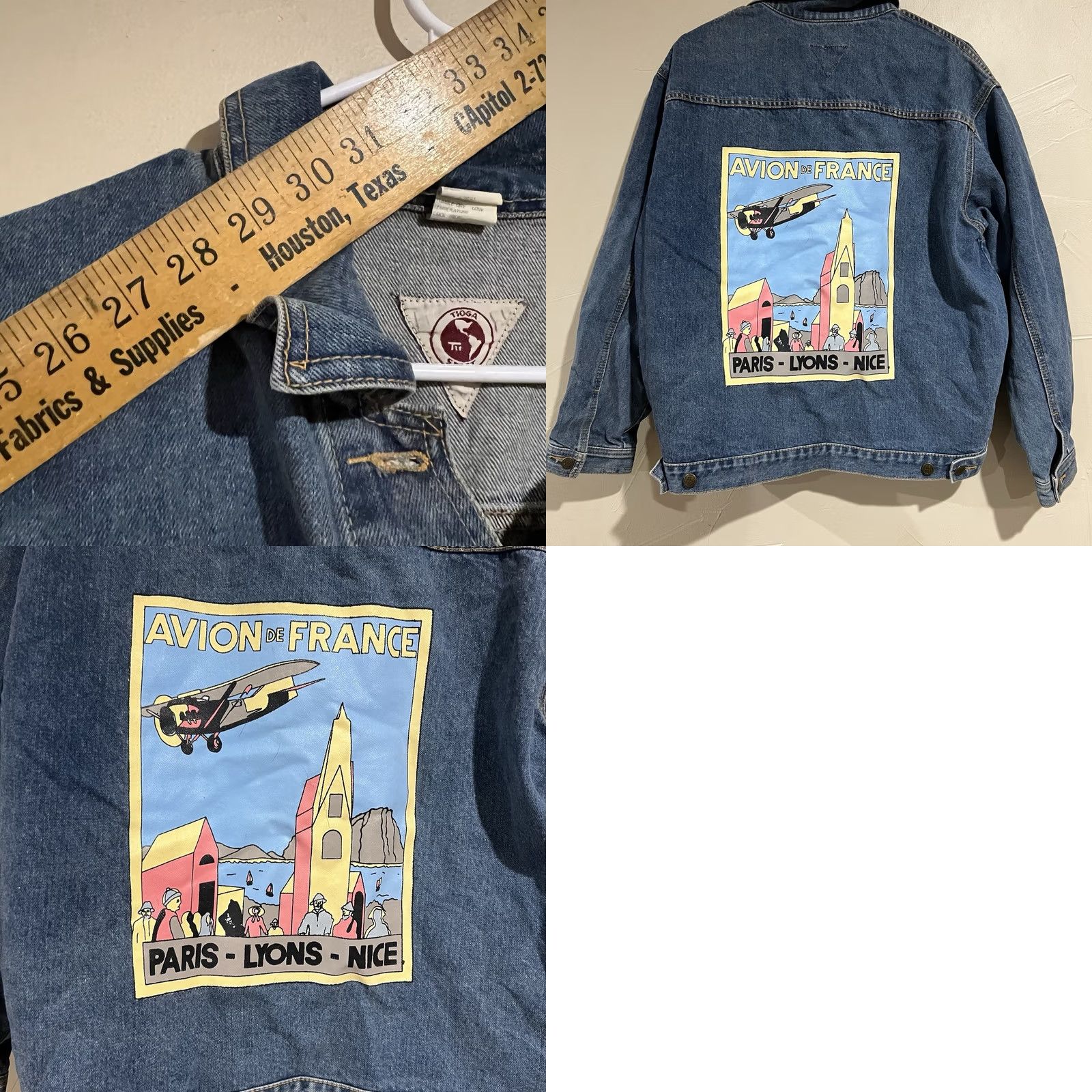 Toga VINTAGE 80s Avion De France Trucker Jean Jacket Unisex L Tioga Bomber Jacket Blue Adults Mens Womens Size 36" / US 14 / IT 50 - 8 Thumbnail