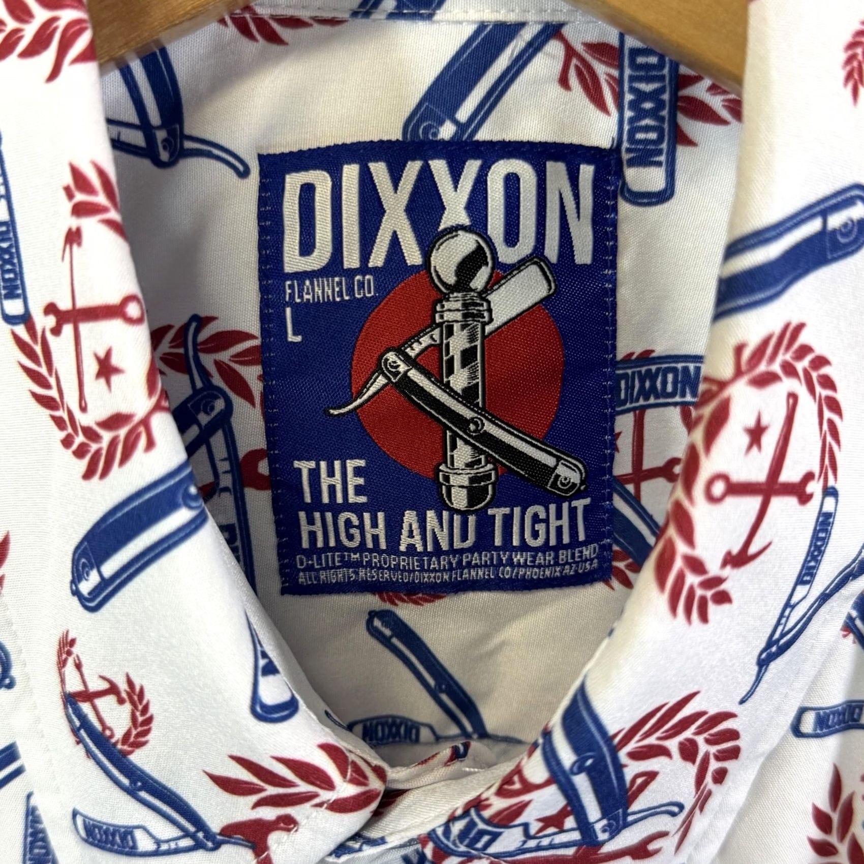 Vintage Dixxon Shirt Mens Large White Red Blue The High And Tight Barber Print Button Up Shirt (Vintage vibes) Size US L / EU 52-54 / 3 - 4 Thumbnail