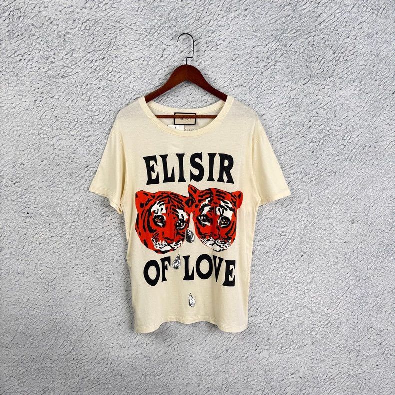 GucciBeige double tiger head sequin letter logo short-sleev