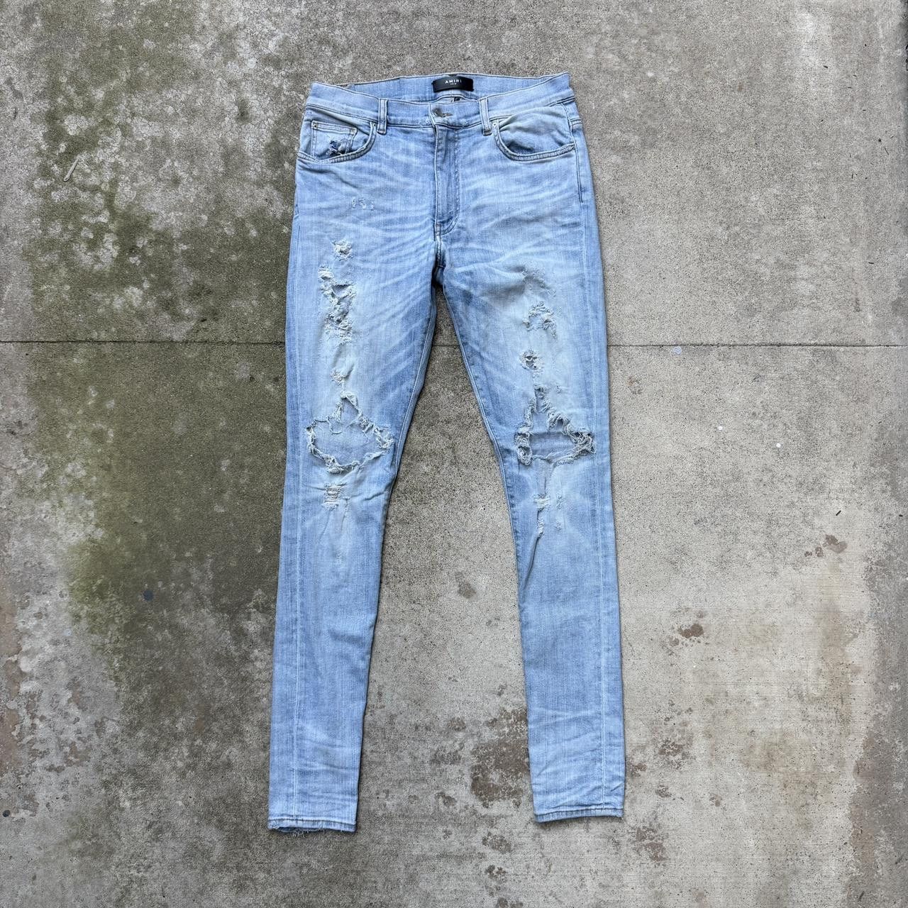 Amiri amiri destroyed thrashed light blue wash skinny jeans Size US 32 / EU 48 - 1 Thumbnail