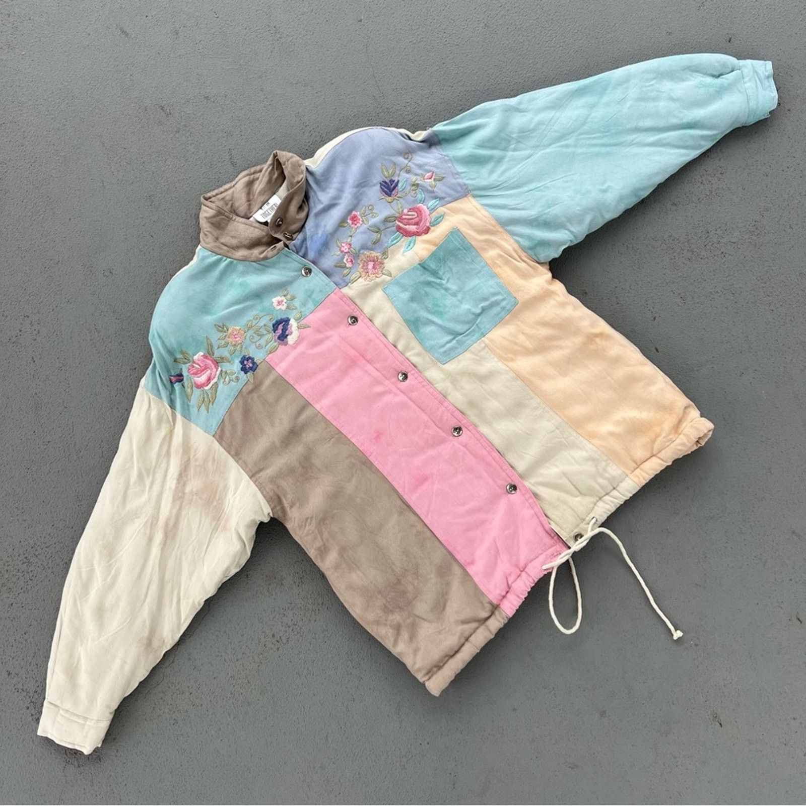 image of Vintage 80's 90's Pastel Color Block Quilted Jacket Floral Embroidery in Pink, Women's (Size XL)