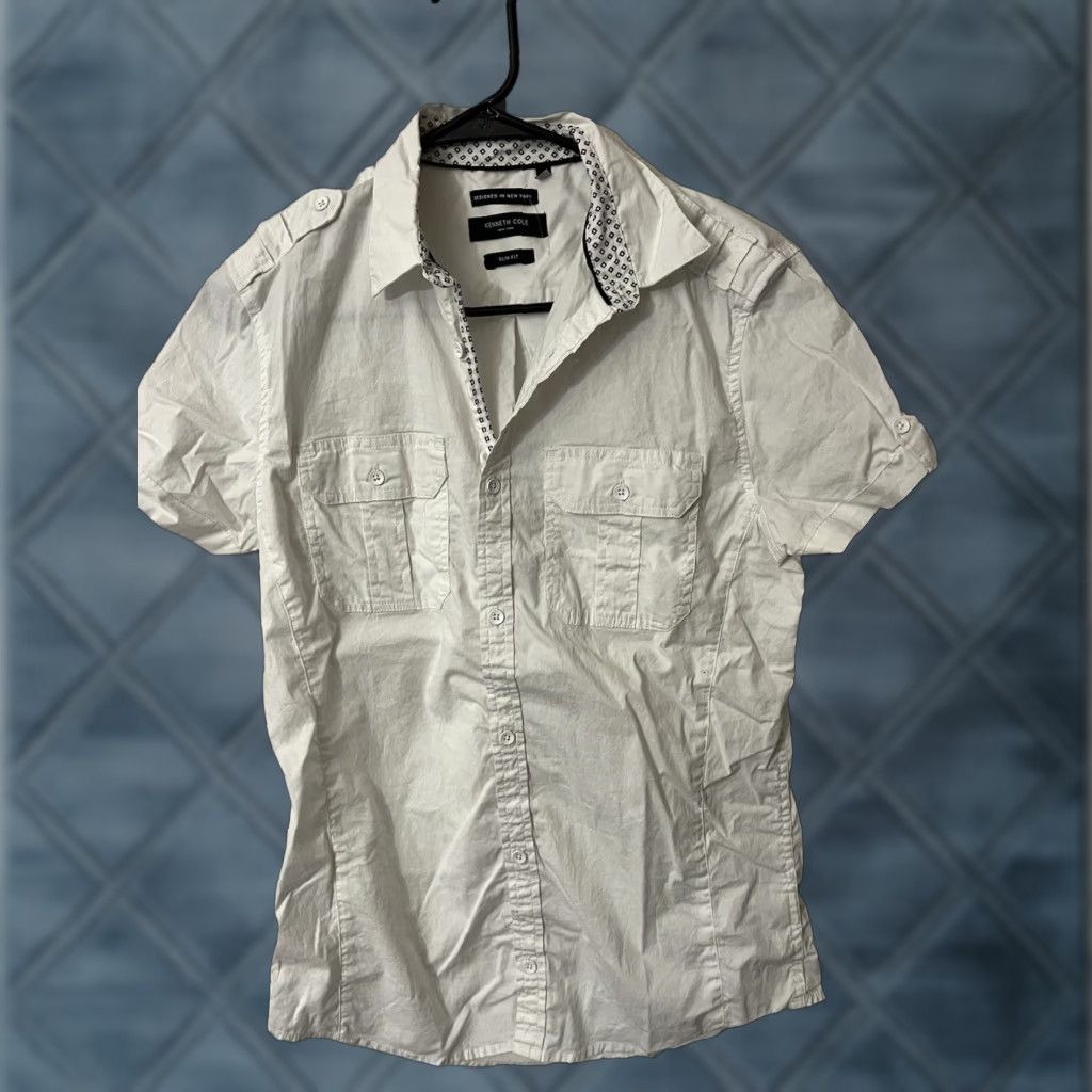 Kenneth Cole KENNETH COLE Designer Slim Fit Short Sleeve Button Down Shirt Small White Size US S / EU 44-46 / 1 - 1 Thumbnail