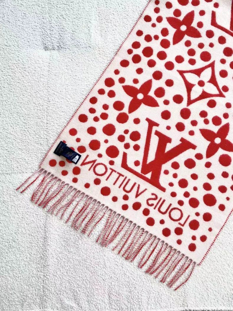 Louis Vuitton Louis Vuitton Cashmere Red and White Kusama Cashmere Scarf Size ONE SIZE - 3 Thumbnail